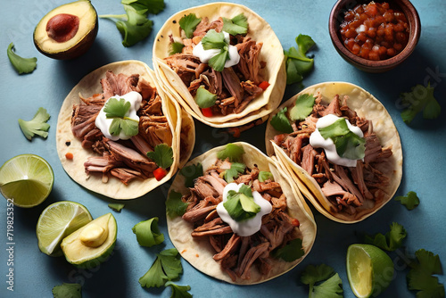 Indulge in a symphony of delight with three delectable pork carnitas tacos, artfully arranged in a mouthwatering flat lay composition. A culinary journey in every bite.