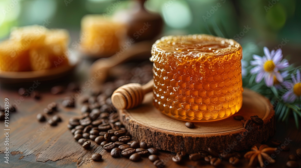 Coffee in sweet honey texture with a glossy layer of honey, giving coffee grain an appetizing l Coffee in sweet honey texture with a glossy layer of honey, giving coffee grain an appetizing l