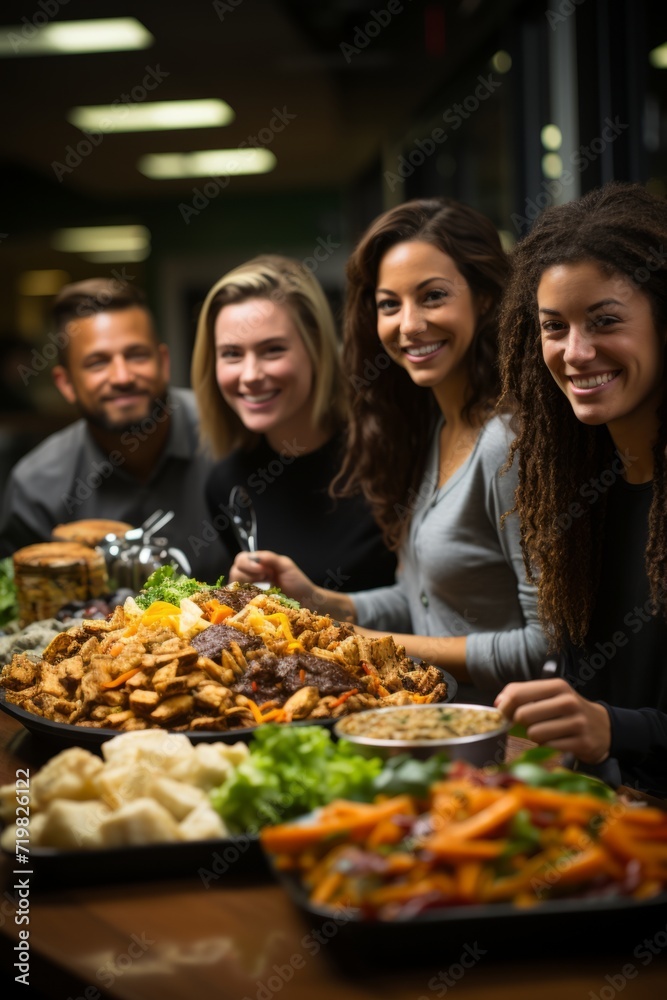Multicultural team savoring a healthy lunch spread in the office, promoting communal dining, Generative AI Multicultural team savoring a healthy lunch spread in the office, promoting communal dining, Generative AI