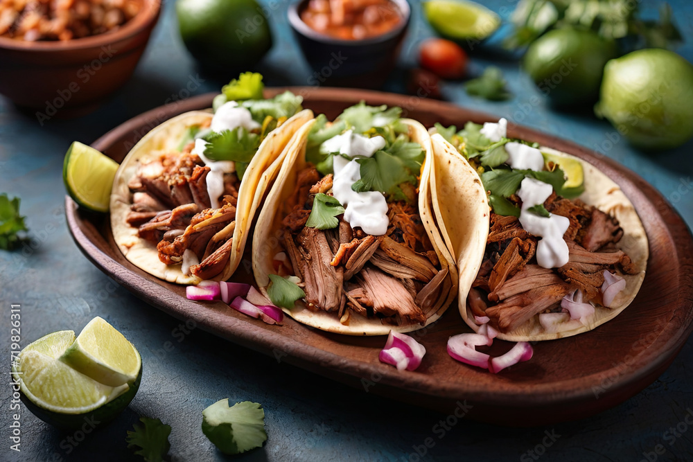 Indulge in a symphony of delight with three delectable pork carnitas tacos, artfully arranged in a mouthwatering flat lay composition. A culinary journey in every bite. Indulge in a symphony of delight with three delectable pork carnitas tacos, artfully arranged in a mouthwatering flat lay composition. A culinary journey in every bite.