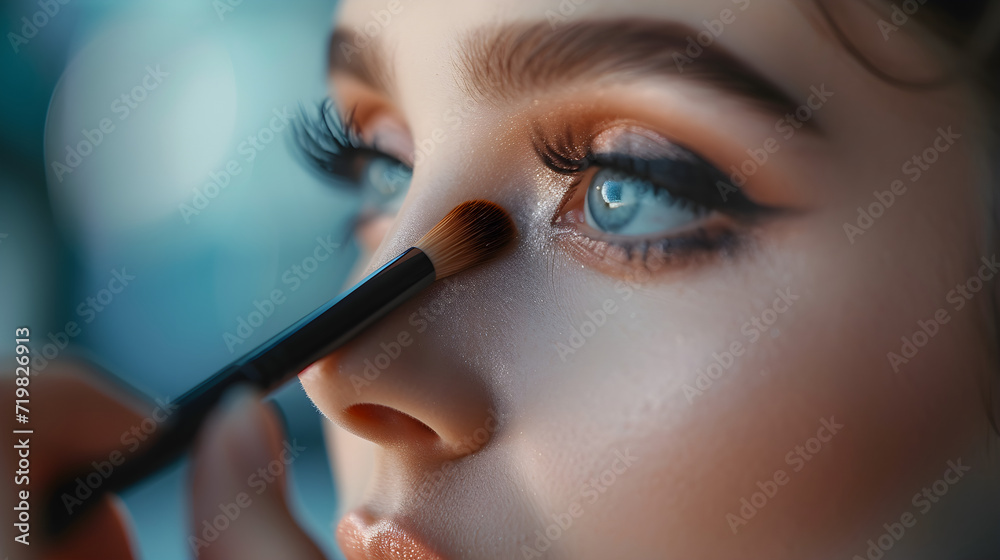 Woman Applying Make-Up With Brush, closeup shop depth of field, cinematic shot, Generative Ai