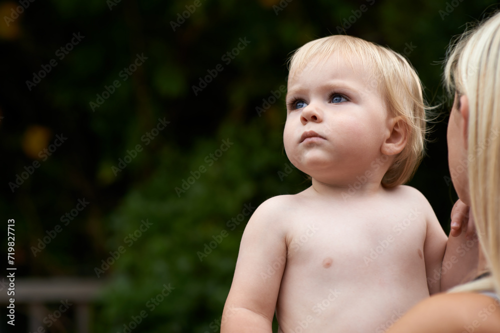 Baby, curiosity and mother outdoor for development with love, mockup or early childhood in backyard of home. Toddler, child and relax for wellness, milestone and exploring with innocence and bonding Baby, curiosity and mother outdoor for development with love, mockup or early childhood in backyard of home. Toddler, child and relax for wellness, milestone and exploring with innocence and bonding