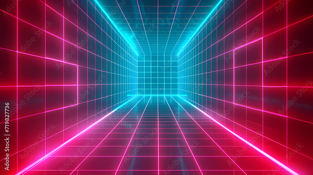 Creativity Unleashed. Neon Glow Lights in Cyan Blue and Red Grid Design Background