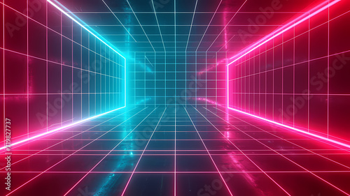 Creativity Unleashed. Neon Glow Lights in Cyan Blue and Red Grid Design Background