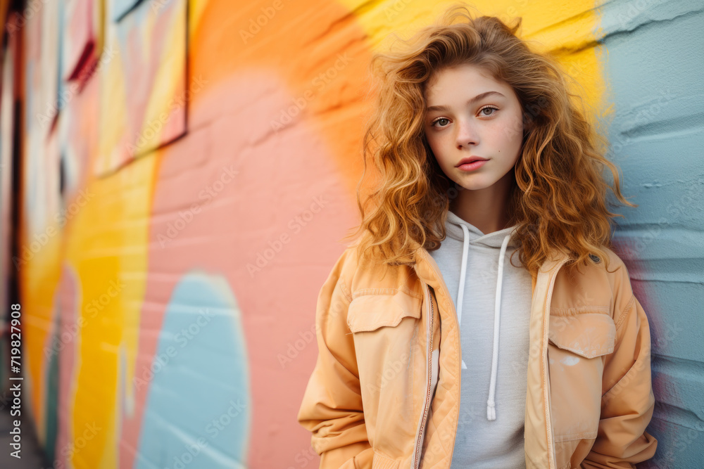 Capture the simplicity of a cool teenage girl having fun against a colorful urban wall. Apply a minimalist style and conveying a sense of calm and contemplation amid the urban environment.