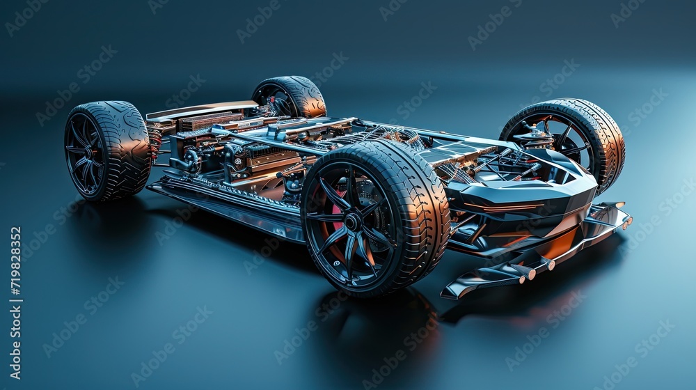 Futuristic electric sport fast car chassis and battery packs with high performance or future EV. - obrazy, fototapety, plakaty 