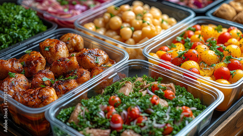Food laid in convenient containers for delivery purpos