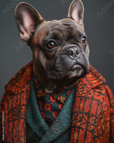 Retrato de un perro Bulldog Frances vestido con un traje elegante y alegre