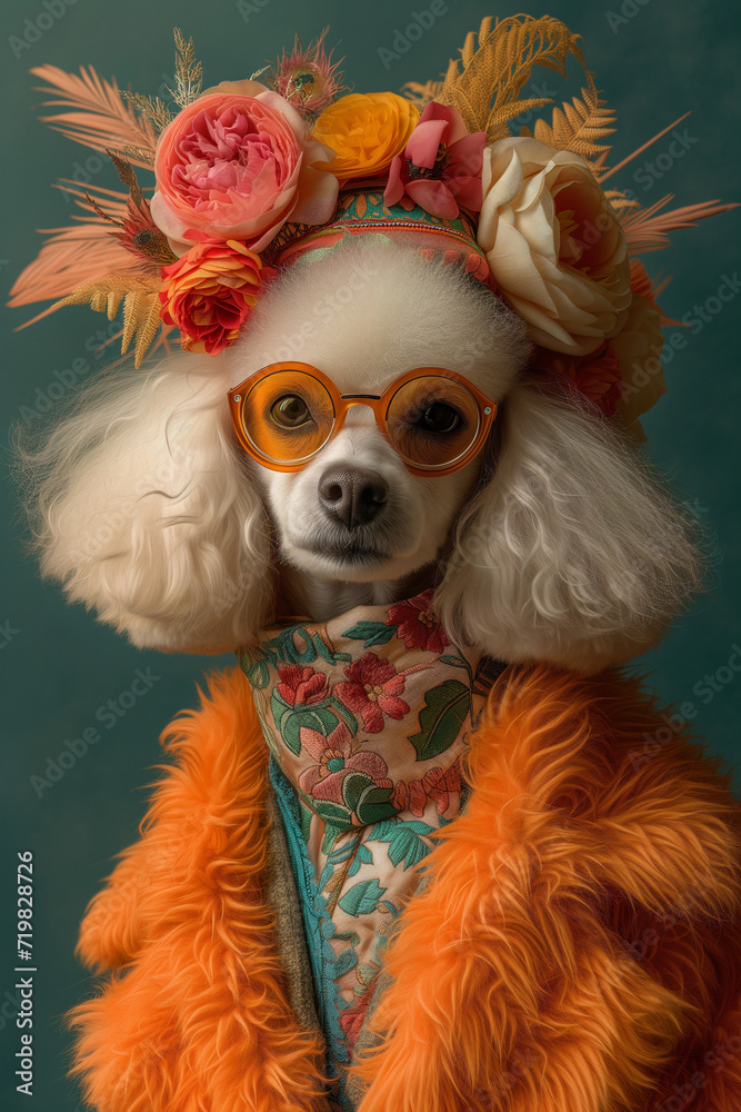 Retrato deun Caniche vestido con un elegante y alegre traje Retrato deun Caniche vestido con un elegante y alegre traje