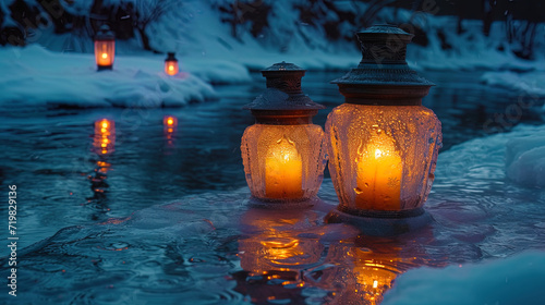 Ice with a reflection of flashlights light and shine, reflected from lanterns, create the impression of a nightli