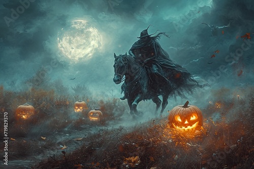 A headless horseman riding through a misty pumpkin patch with a glowing jack-o-lantern © PinkiePie