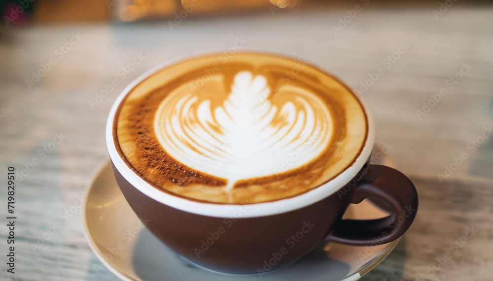Close up of hot latte coffee in the cafe, photo banner for website header design with copy space for text. Close up of hot latte coffee in the cafe, photo banner for website header design with copy space for text.