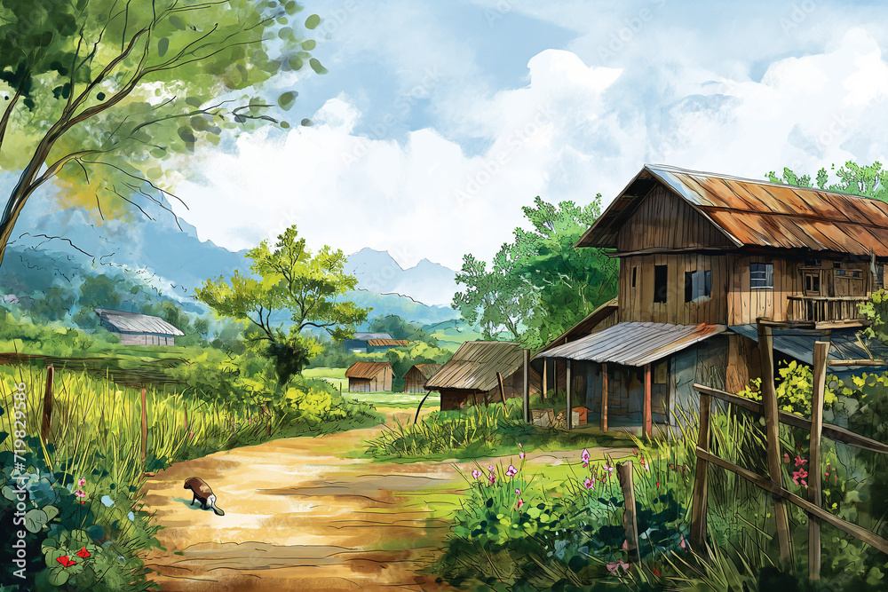 Fototapeta premium Hillside Home Amidst Nature's Beauty: A traditional wooden house nestled on a hill, surrounded by lush gardens and a serene forest landscape, showcasing the charm of an old-world village in the heart 
