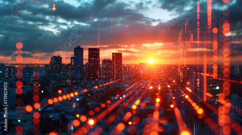 City at sunset, City at sunrise, Nighttime Cityscape with Illuminated Buildings, Busy Streets, and Majestic Skyline featuring Sunset, Urban Architecture, and Vibrant City Lights photo