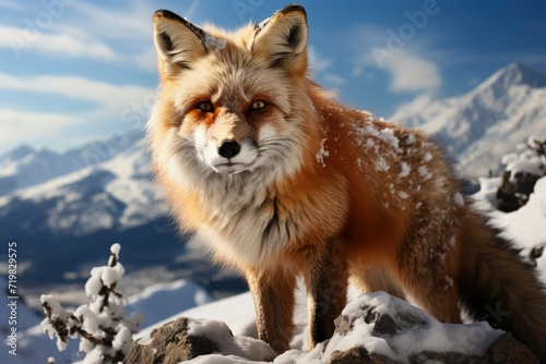 A red fox hunting in a snowy landscape