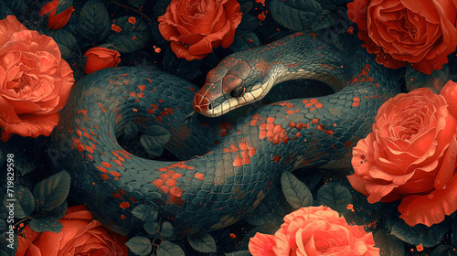 Illustration of a snake with a rose in a tail in an anthropomorphic im photo
