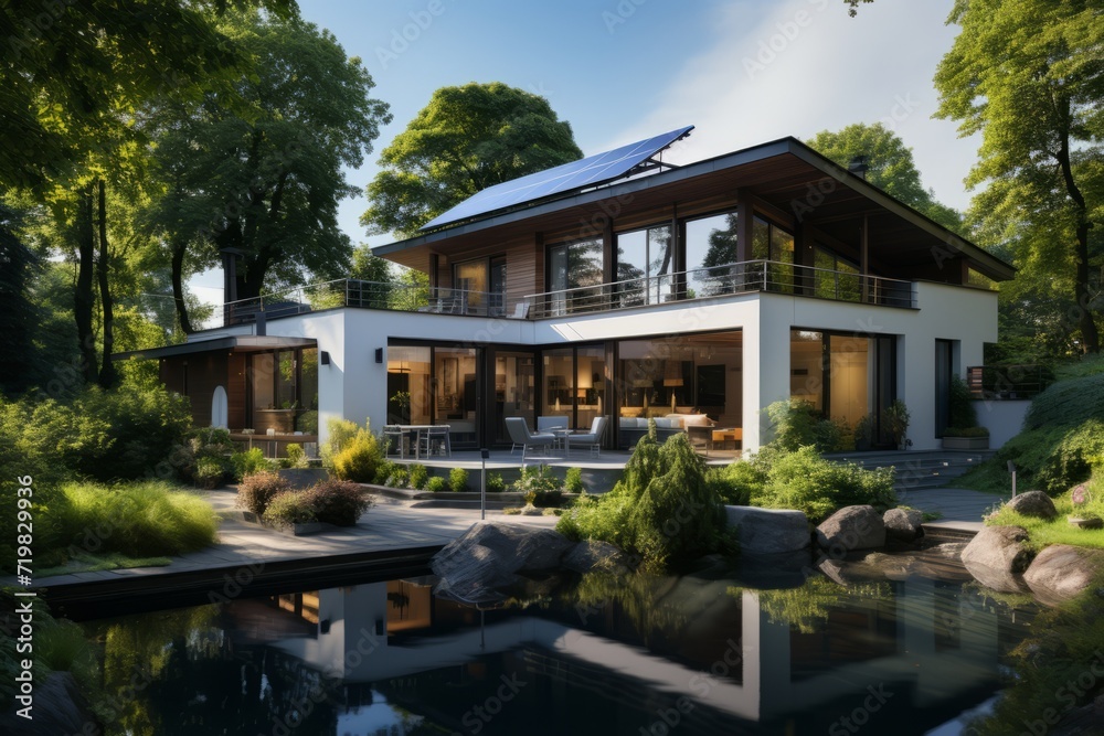 Modern eco-friendly house surrounded by lush greenery, powered by a combination of solar panels and wind turbines, Generative AI