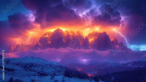 Lightning among the mountains Arrows of light, piercing mountain peaks, create a dramatic and impressive l