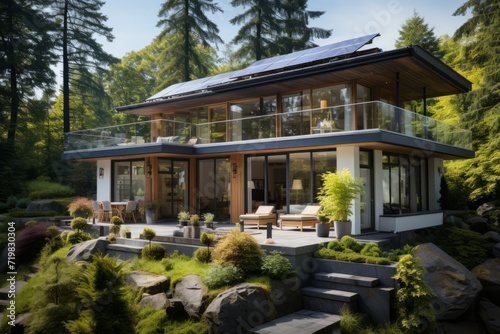 Modern eco-friendly house surrounded by lush greenery, powered by a combination of solar panels and wind turbines, Generative AI © Shooting Star Std