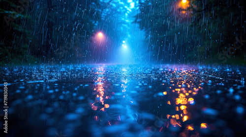 Lightning texture with rain flashes of light, accompanied by drops of rain, create an atmosphere of refreshing thunderstorm
