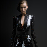The dress falls at the waist and has white pockets, in the style of neo-pop iconography, black, made of crystals 