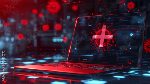 A laptop with a red cross and a virus symbol indicating malware infection