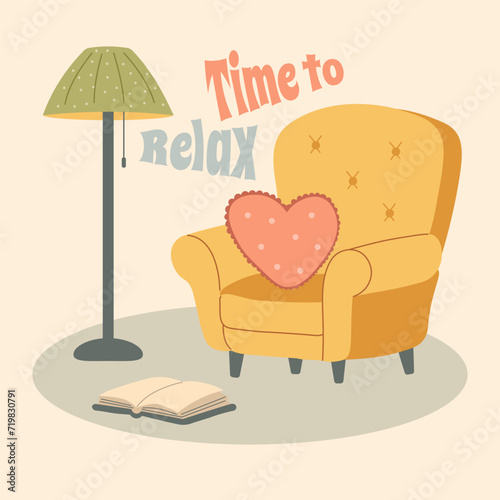 Cozy reading nook with comfy chair, heart pillow, floor lamp, and open book - perfect for home decor and relaxation themes.