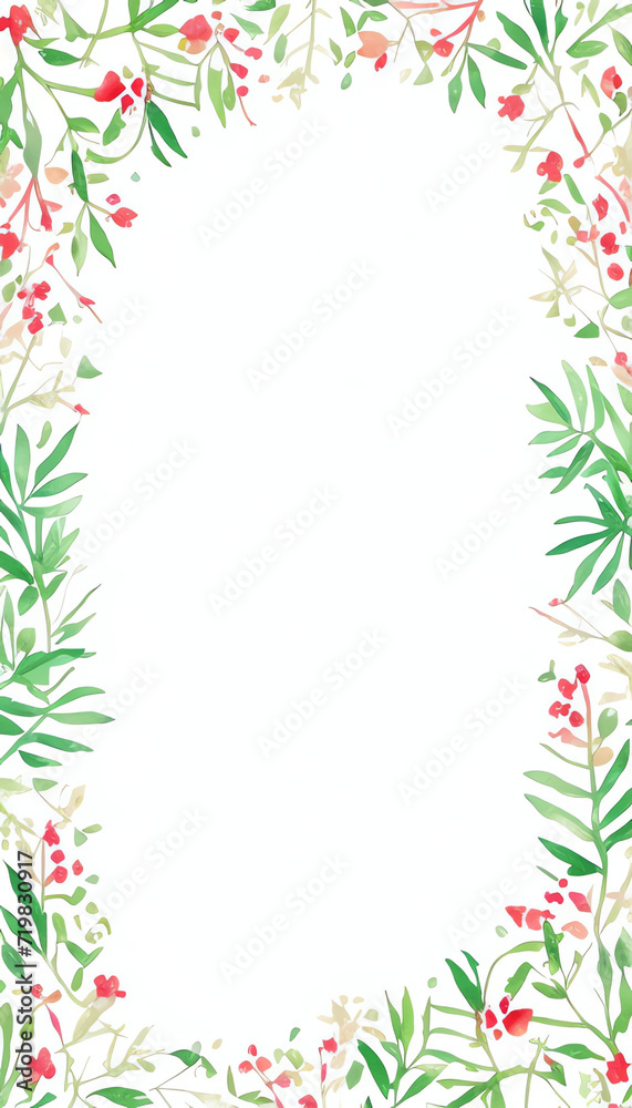 Watercolor illustration red and green flower leaves , vertical card,