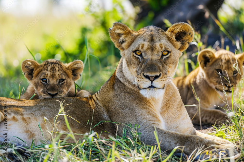 Lioness and young lion cub. Wildlife animal outdoors on its natural habitat. AI generative Lioness and young lion cub. Wildlife animal outdoors on its natural habitat. AI generative