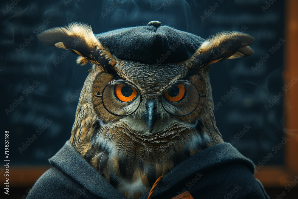 Wise owl wearing graduation cap and glasses against a stack of books on a table in a library among the shelves, Generative AI - obrazy, fototapety, plakaty 