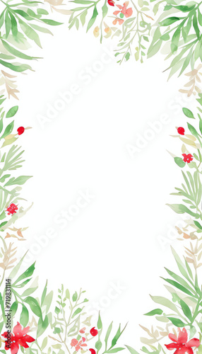 Watercolor illustration red and green flower leaves   vertical card 