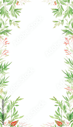 Watercolor illustration red and green flower leaves , vertical card,