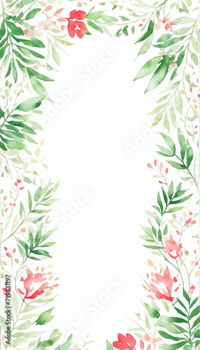 Watercolor illustration red and green flower leaves   vertical card 