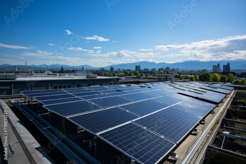 Rooftop covered with solar panels against a clear blue sky, symbolizing the potential of harnessing solar energy in urban settings, Generative AI