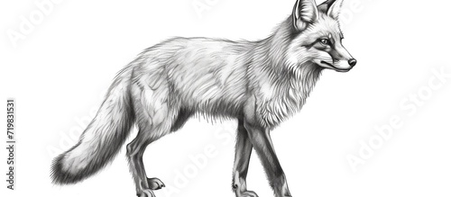 A red fox with a bushy tail pencil illustration that is hand drawn and isolated on a white background. photo