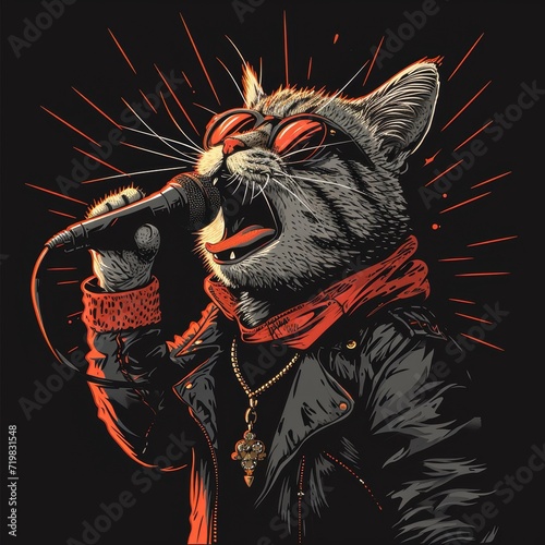 cute cartoon cat singing and dressed like a rockstar wearing sunglasses and red jacket with neon color 5. suitabel for t-shirt design, printing, poster. photo