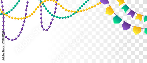 mardi gras beads and bunting flags isolated on transparent background