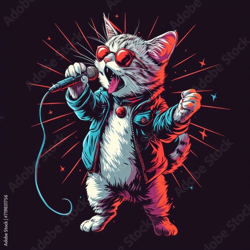 cute cartoon cat singing and dressed like a rockstar wearing sunglasses with neon color. suitabel for t-shirt design, printing, poster. photo