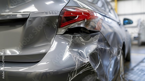 Car Repair, Close-Up of Grey Car's Rear Bumper Dent, Preparation for Painting photo