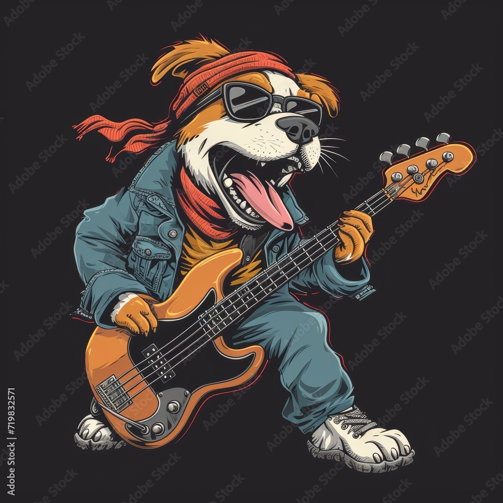 a cartoon dog playing a bass guitar, music style a cartoon dog playing a bass guitar, music style