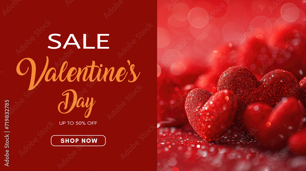valentine's day sale promotion banner featuring up to 50% off with sparkling hearts.