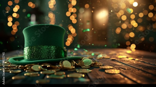 St. Patrick's Day Elegance: Dynamic Lighting Over Green Hat and Gold Coins with Bokeh Effect
