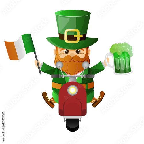 Leprechaun in green hat Rides retro Scooter. Irish bearded gnome holding green beer and irish flag isolated on white background. Vector Illustration for St. Patrick's Day. 