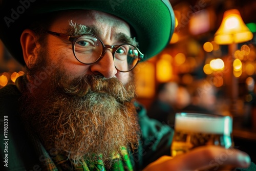 St Patrick's Day Celebration Bearded Man in Festive Costume with Beer Glass at Vintage Pub