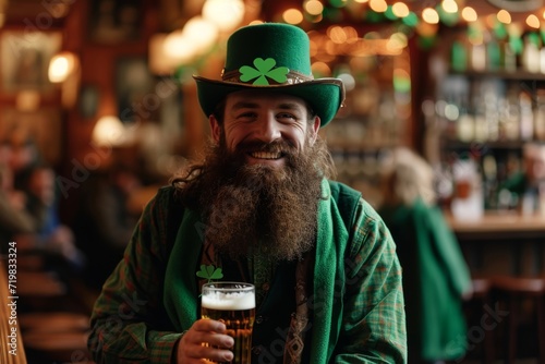 St Patrick's Day Celebration Bearded Man in Festive Costume with Beer Glass at Vintage Pub