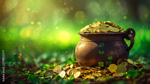 Golden Coin Pot on a lush green background. Festive, Patrick's Day concept.