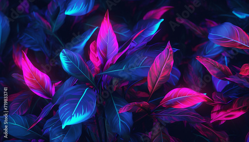 Captivating plant branches and leaves glow in neon brilliance  adorned with beautiful hues of blue  orange  and purple  creating a stunning and enchanting visual.