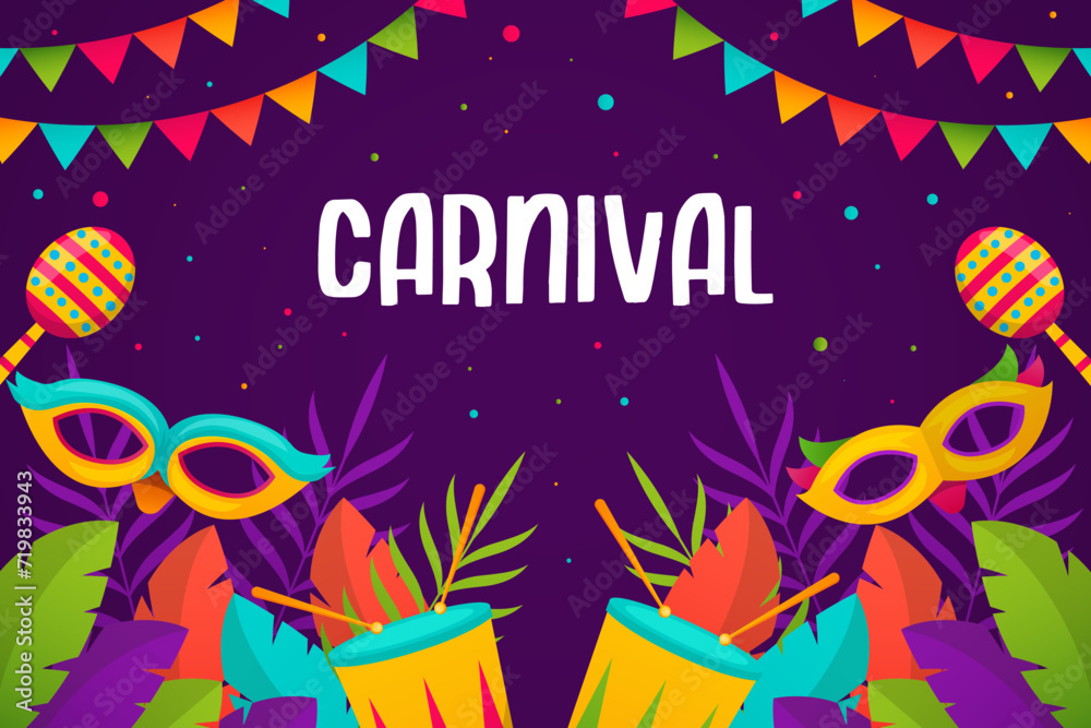gradient carnival background illustration with mask, leaves, and traditional music instrument