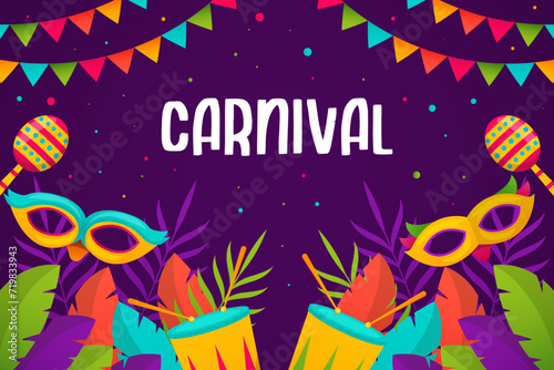 gradient carnival background illustration with mask, leaves, and traditional music instrument