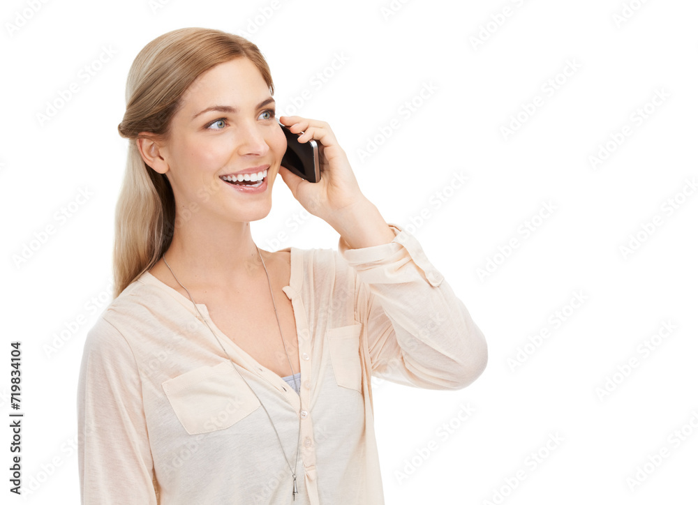 Woman, phone call and communication with smile and conversation in studio with mockup space on white background. Chat, mobile and technology with connection, contact and network for discussion Woman, phone call and communication with smile and conversation in studio with mockup space on white background. Chat, mobile and technology with connection, contact and network for discussion